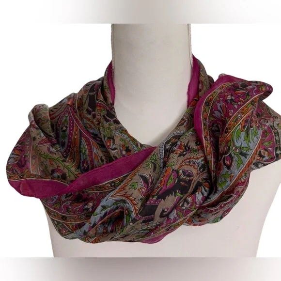 PASHTUSH 100% PURE SILK SCARF PAISLEY & ELEPHANT PRINT MULTICOLOR FUCCIA - Picture 5 of 7